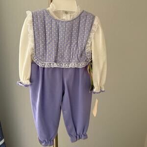 Vintage NOS Bull Frog Baby Girl Two Piece Romper Set 12 Months Purple White